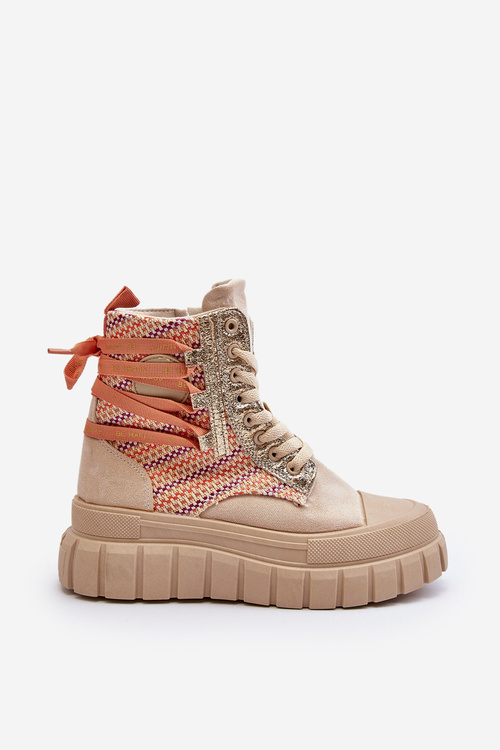 Wysokie Trampki Damskie Na Masywnej Platformie Beżowe Kernia