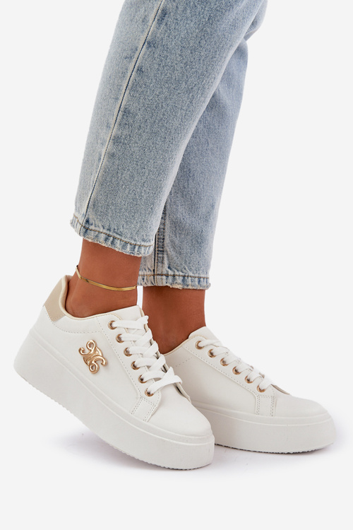 Sneakersy Damskie Na Platformie Biało-Beżowe Temittes