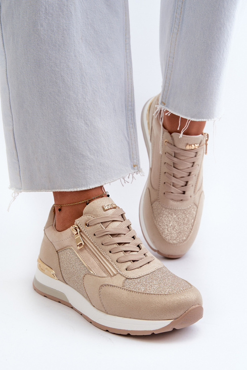 Sneakersy Damskie Z Brokatem I Suwakiem INBLU IN000365 Beżowe