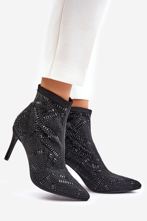 Wsuwane Zdobione Botki Na Szpilce S.Barski HY42-161 Czarne