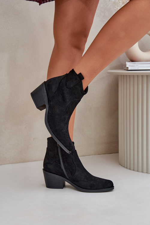 Botki Kowbojki Na Zamek Eko Zamszowe Ażurowe S.Barski HY51-061 Czarne