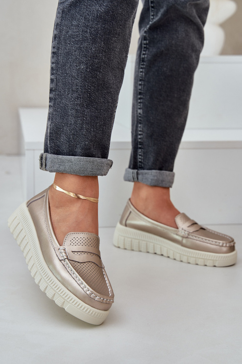 Skórzane Mokasyny Damskie Na Platformie I Koturnie Różowe Złoto Elanindel