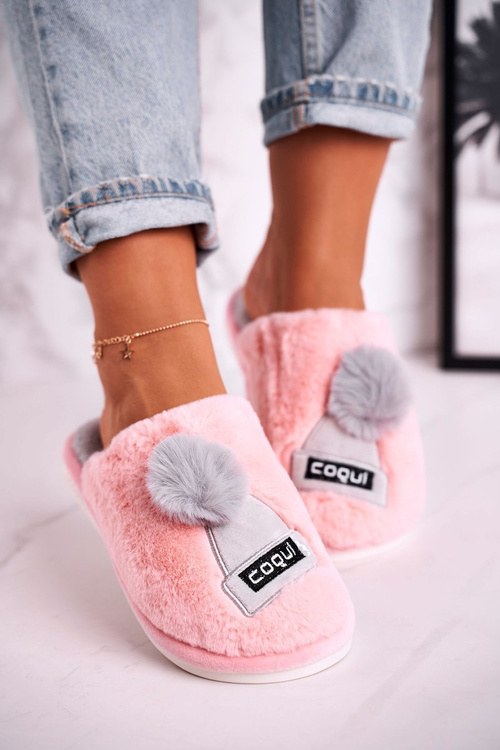 Damskie Futrzane Papcie Z Czapką I Pomponem Różowe Keep Warm