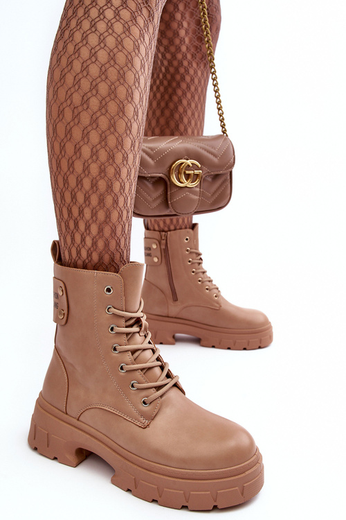 Damskie Workery Botki Sznurowane Na Płaskim Obcasie Beżowe Brenhile