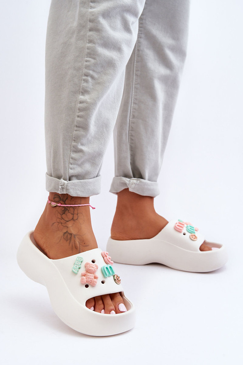 Miękkie Damskie Piankowe Klapki Z Ozdobami Białe Lorie