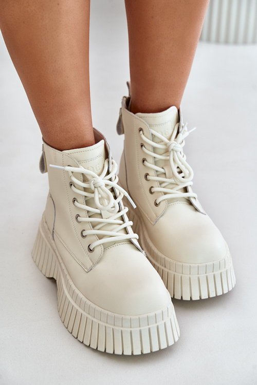 Ocieplane Skórzane Botki Trapery Na Masywnej Podeszwie GOE OO2N4127Jasnobeżowe