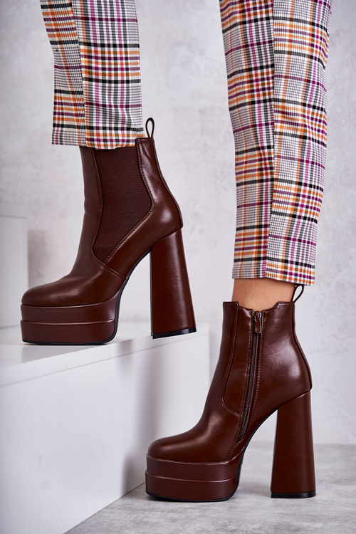 Damskie Skórzane Botki Na Masywnym Obcasie Brązowe Jones