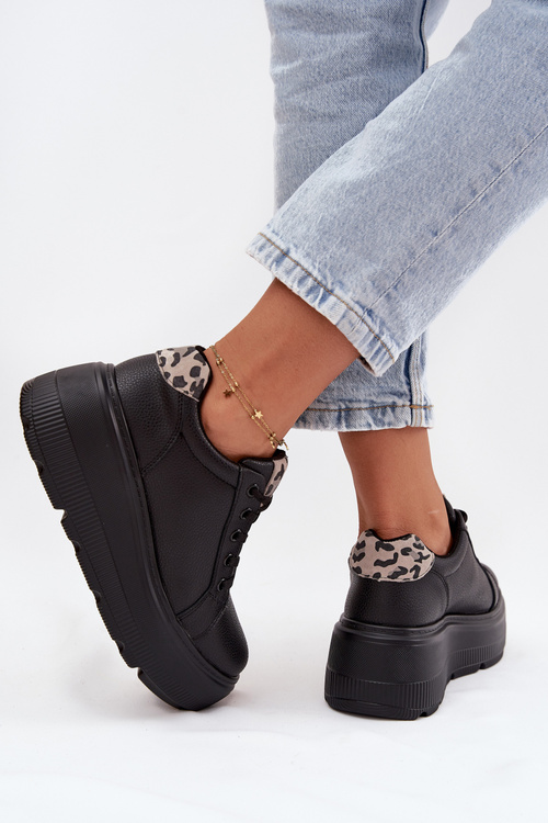 Skórzane Sneakersy Damskie Na Platformie Panterka Vinceza 89144 Czarne