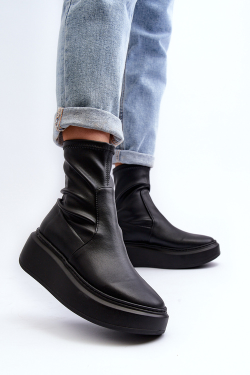 Zazoo 3395 Skórzane Botki Damskie Na Masywnej Platformie Czarne