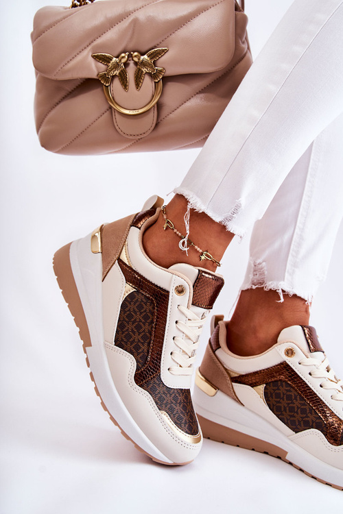 Damskie Skórzane Buty Sportowe Na Koturnie Biało-Brązowe Catrine