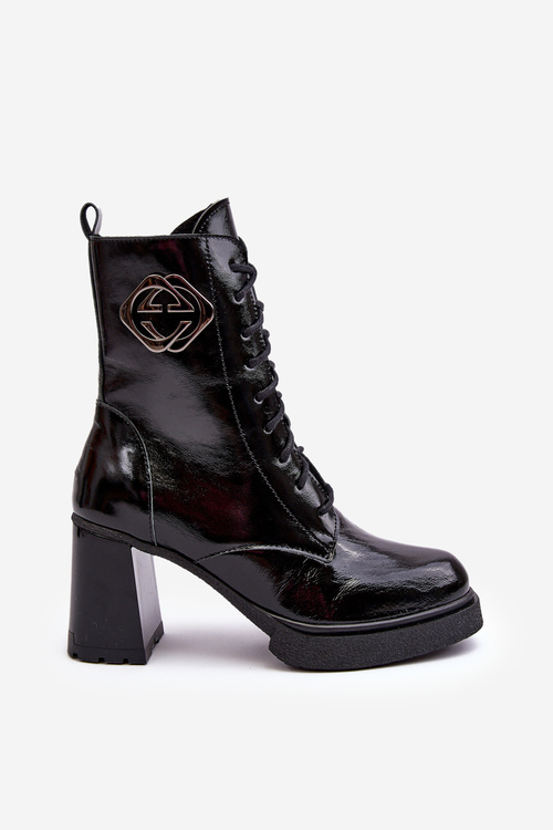 Damskie Skórzane Wysokie Botki Na Słupku Czarne Lemar Danel