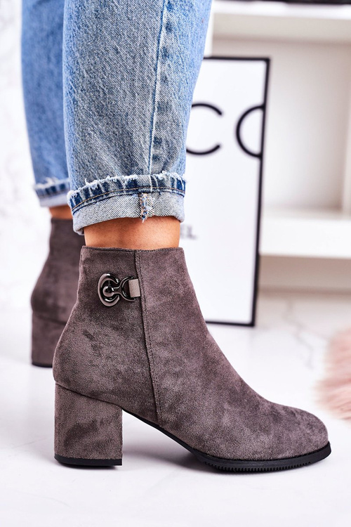 Klasyczne Damskie Ocieplane Botki Na Słupku Szare Success