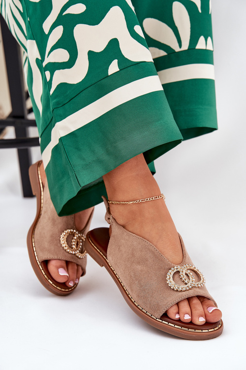 Sandały Damskie Z Ozdobą Na Płaskim Obcasie Eko Zamszowe Ciemnobeżowe Ralisses