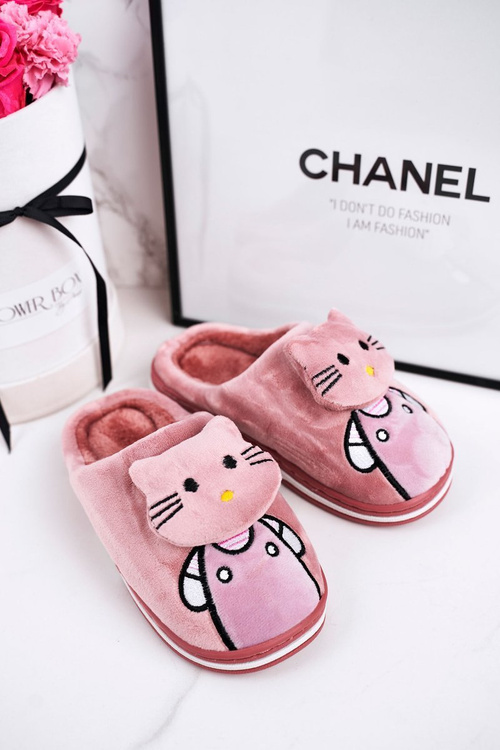 Dziecięce Ocieplane Klapki Papcie Pudrowy Róż Kitty