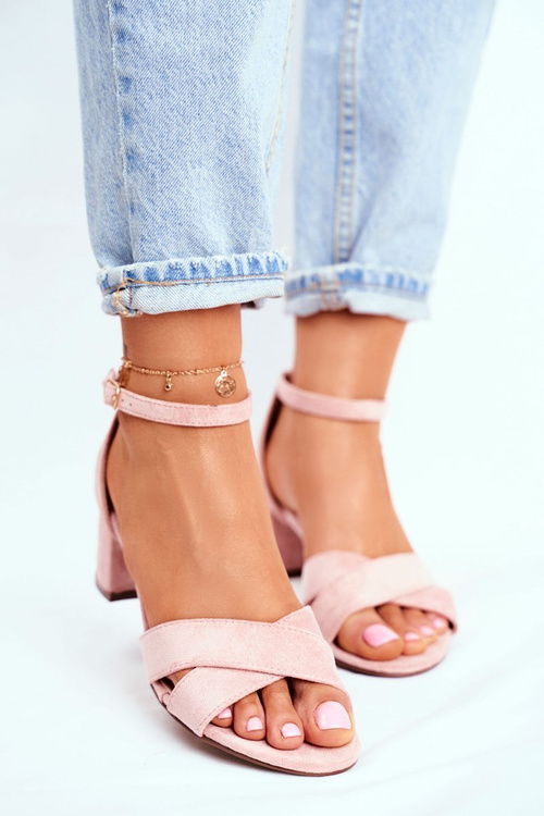 Zamszowe Sandałki na Słupku Różowe Nela