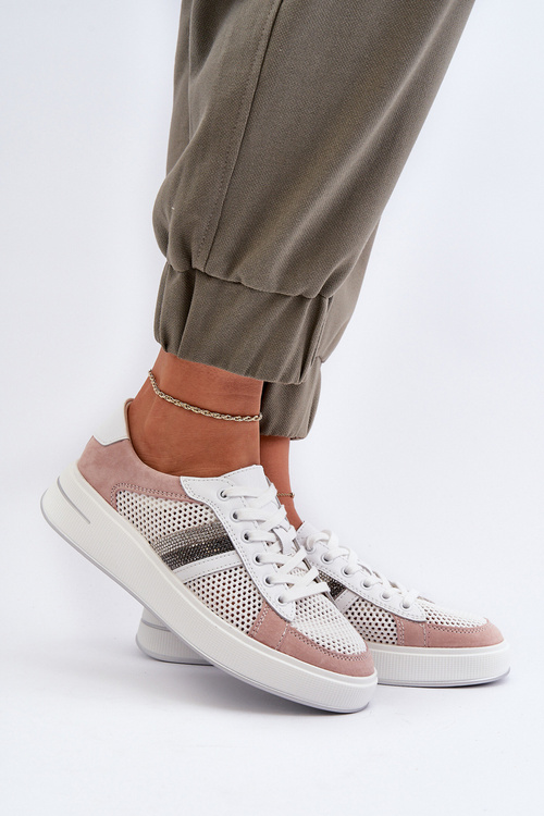 Sneakersy Skórzane Damskie D&A LR110 Biało-Różowe