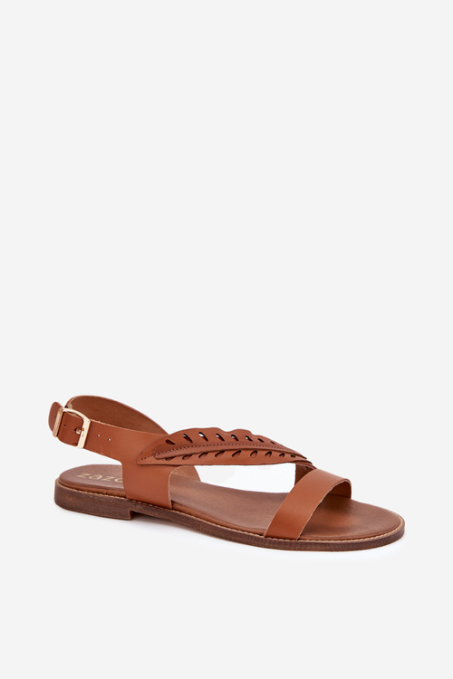 Sandały Damskie Z Naturalnej Skóry Na Płaskim Obcasie Zazoo 3564 Camel