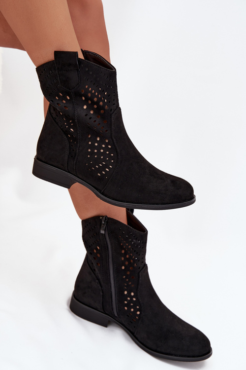 Ażurowe Botki Damskie Na Płaskim Obcasie Czarne Amisna