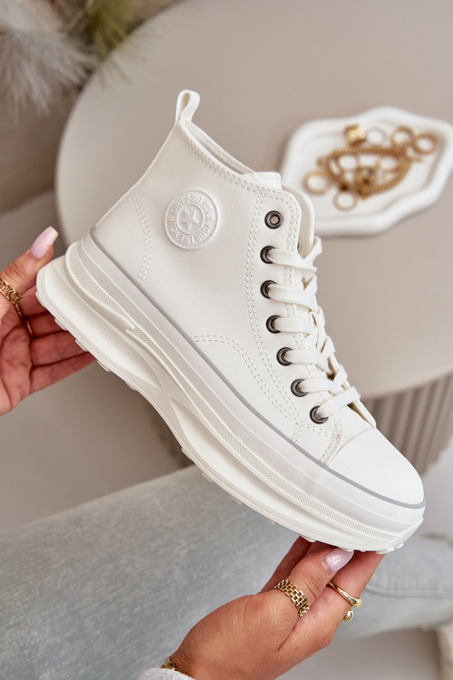 Trampki Damskie Na Platformie Eko Skórzane Big Star OO274064 Białe