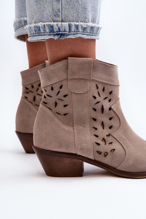 Zazoo 2870 Zamszowe Botki Na Niskim Obcasie Ażurowe Beżowe