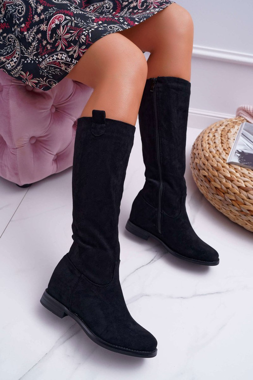 Damskie Kozaki Do Połowy Łydki Zamszowe Czarne Temet