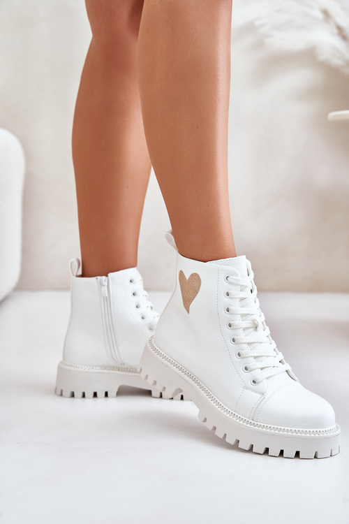 Botki Damskie Na Zamek Z Ozdobnym Sercem Białe Obeena