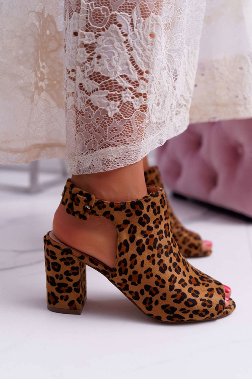 Sandały Damskie Na Słupku Z Cholewką Peep Toe Leopard Esta