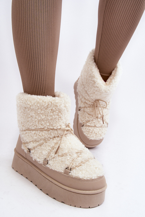 Wiązane Śniegowce Damskie Na Grubej Podeszwie Beżowe Loso
