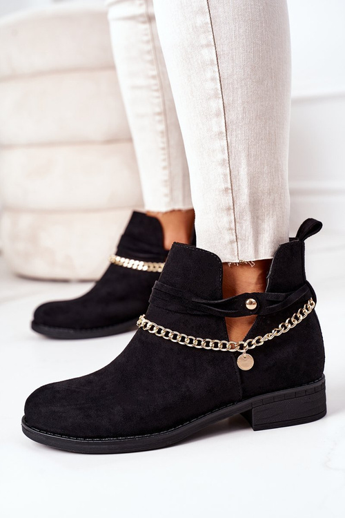 Zamszowe Botki Z Łańcuszkiem Czarne Elvira