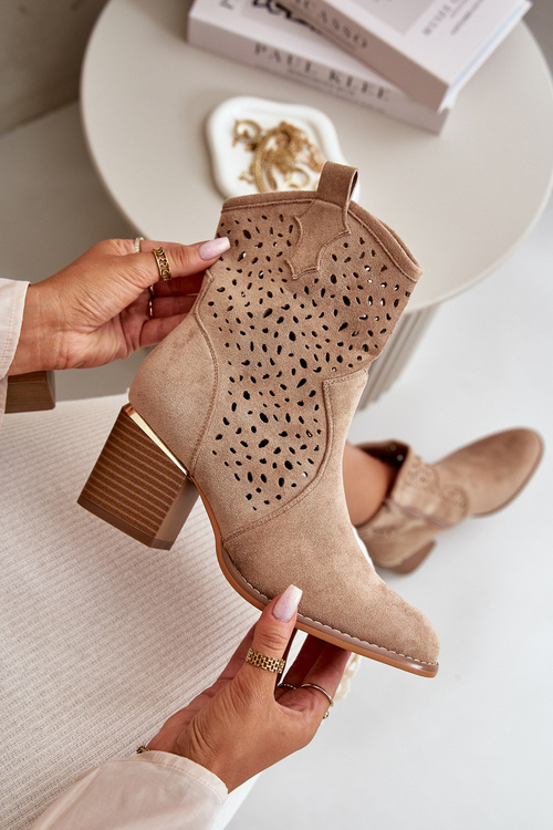Ażurowe Botki Na Słupku Z Eko Zamszu Zapinane Na Zamek Ciemnobeżowe Sevana