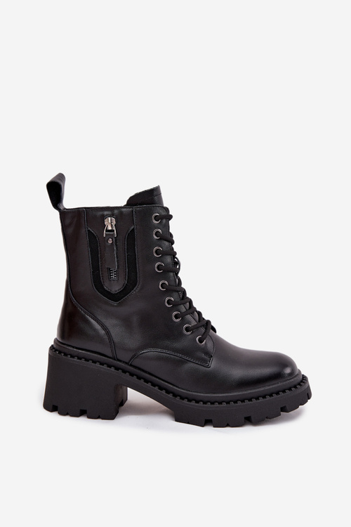 Skórzane Botki Damskie Na Klocku Ocieplane Vinceza 86418 Czarne