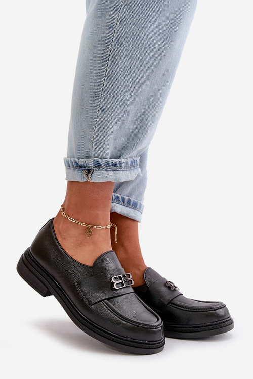 Zazoo 20174 Skórzane Eleganckie Półbuty Damskie Na Płaskim Obcasie Czarne