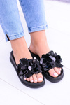 Damskie Czarne Klapki z Kwiatowym Wzorem Muah