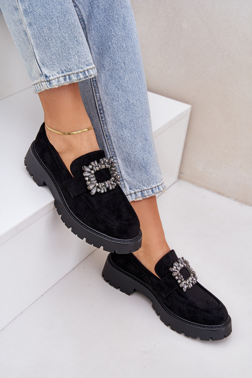 Eko Zamszowe Mokasyny Damskie Z Ozdobną Broszką Czarne Valiana