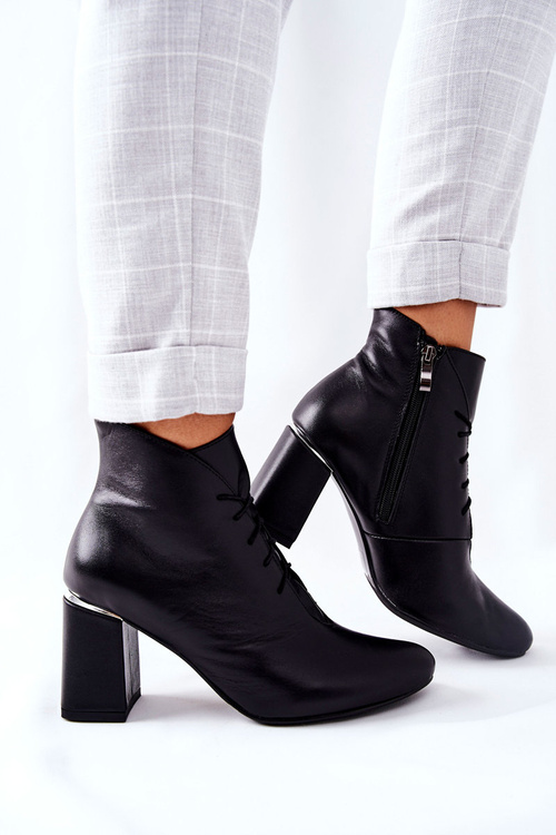 Damskie Skórzane Botki Na Słupku Czarne Carrice