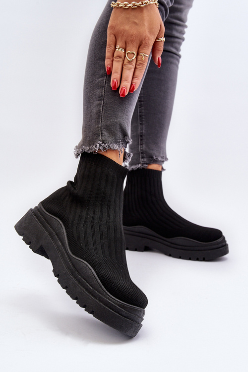 Skarpetkowe Botki Na Masywnej Podeszwie Wsuwane Damskie Czarne Elipara