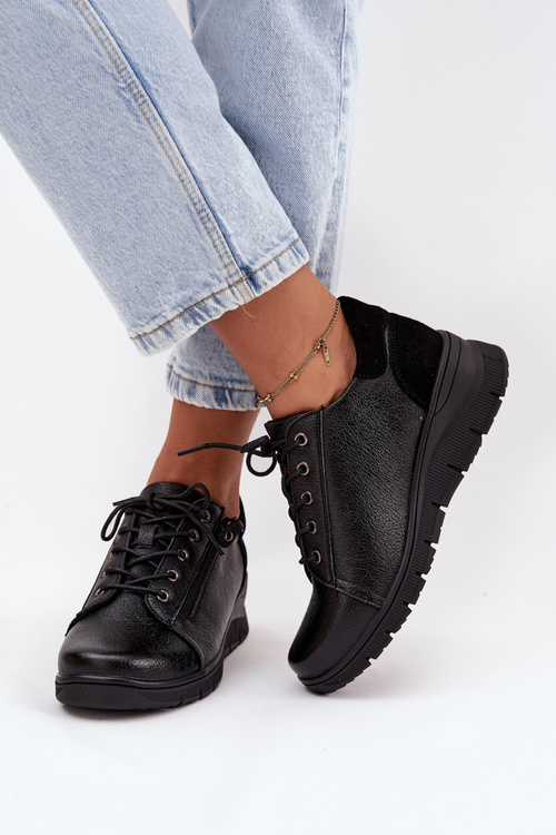 Skórzane Półbuty Damskie Na Koturnie Vinceza 39964 Czarne