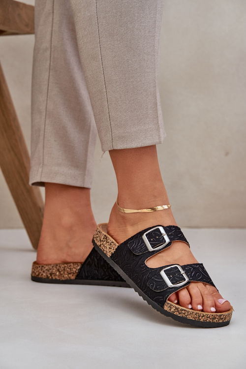 Materiałowe Klapki Na Korkowej Podeszwie Z Klamrami Czarne Atera