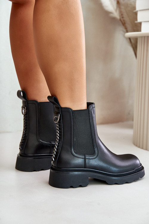 Skórzane Botki Sztyblety Z Ozdobnym Łańcuchem Ocieplane D&A JC42-86 Czarne