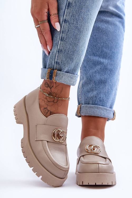 Damskie Półbuty Skórzane Z Ozdobą Beżowe Rosefalls