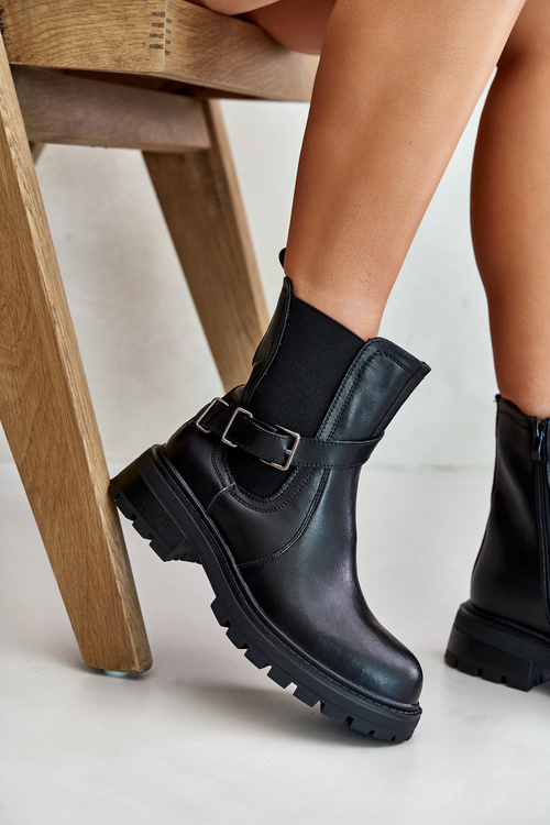 Skórzane Ocieplane Botki Sztyblety Z Paskiem Sergio Leone TR719-S Czarne