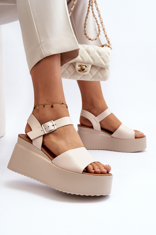 Damskie Sandały Na Koturnie Beżowe Geferia