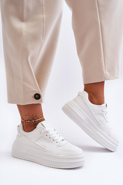 Damskie Skórzane Buty Sportowe Na Masywnej Platformie Białe Belisso