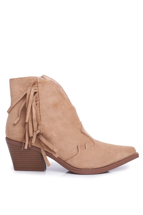 Botki Damskie Na Słupku Z Frędzlami Kowbojki Beżowe Sibi