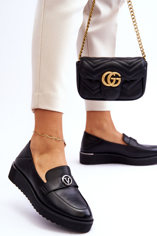 Damskie Skórzane Mokasyny Na Niskim Koturnie Czarne Synthia