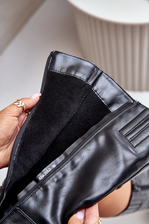 Ocieplnae Kozaki Na Słupku Eko Skórzane Do Połowy Łydki Czarne Ellithira