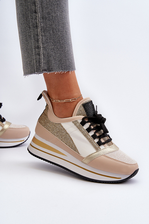 Damskie Sneakersy Na Koturnie I Platformie Z Brokatem Złote Rafani