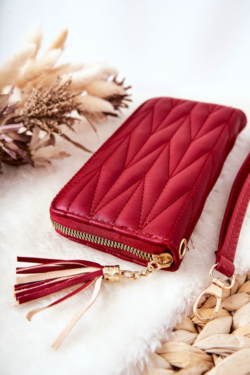 Duży Portfel Pikowany Na Suwak Z Paseczkiem Czerwony