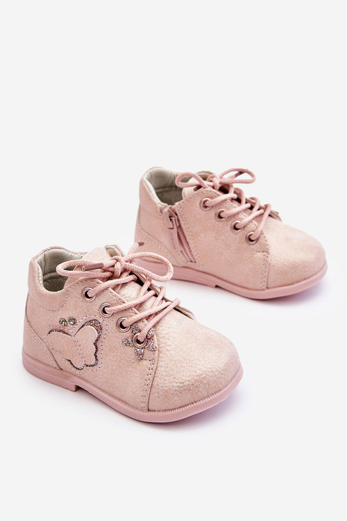 Skórzane Botki Sznurowane Z Motylkiem Różowe Avi