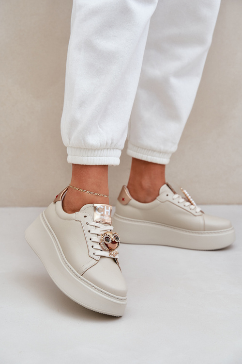 Damskie Skórzane Sneakersy CheBello 4411 Jasnobeżowe